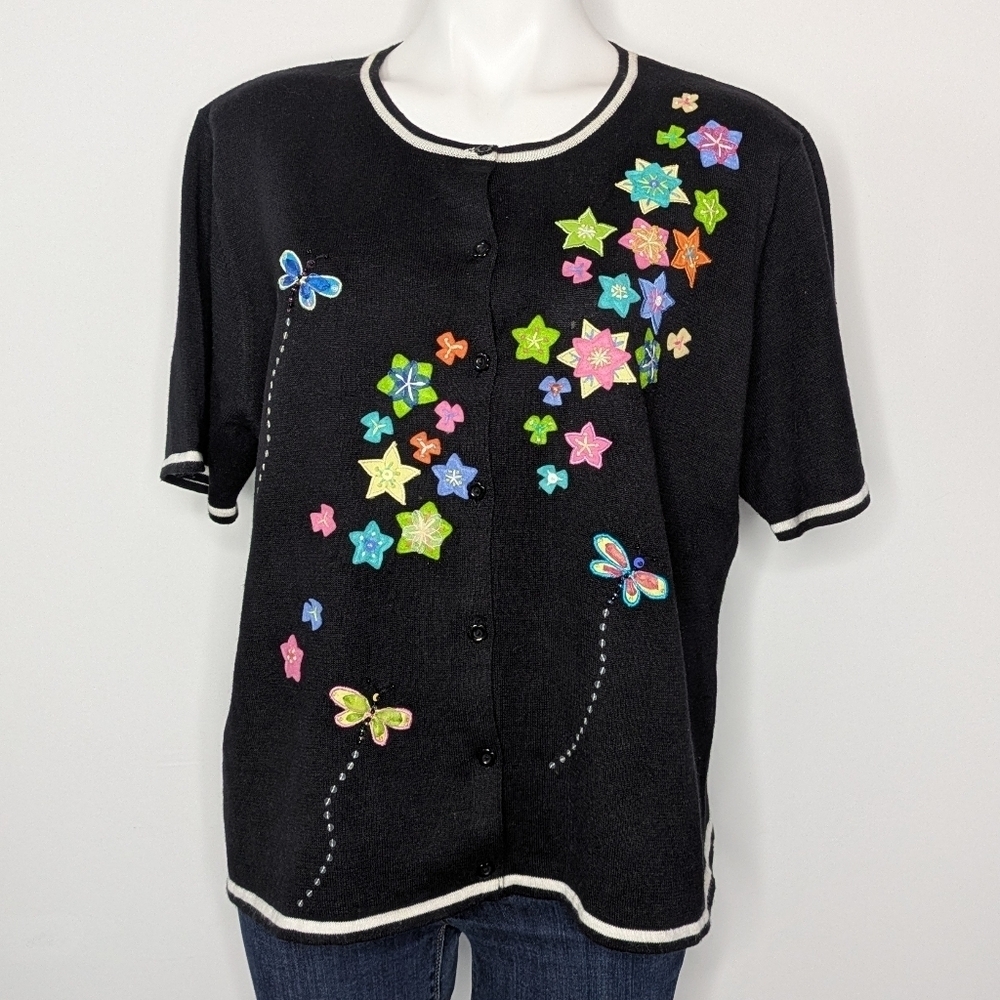 Breckenridge Black Colorful Felt Flower Applique Short Sleeve Button Up Cardigan
